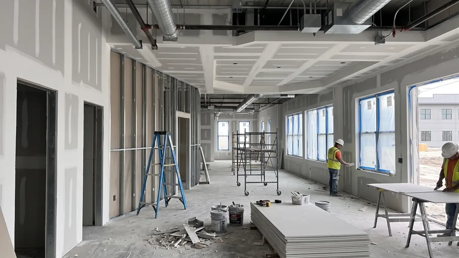 A commercial space under reconstruction, with new steel framing and drywall going up and crews at work.