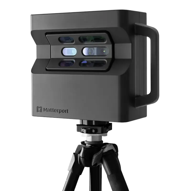 A Matterport 3D camera mounted on its tripod.