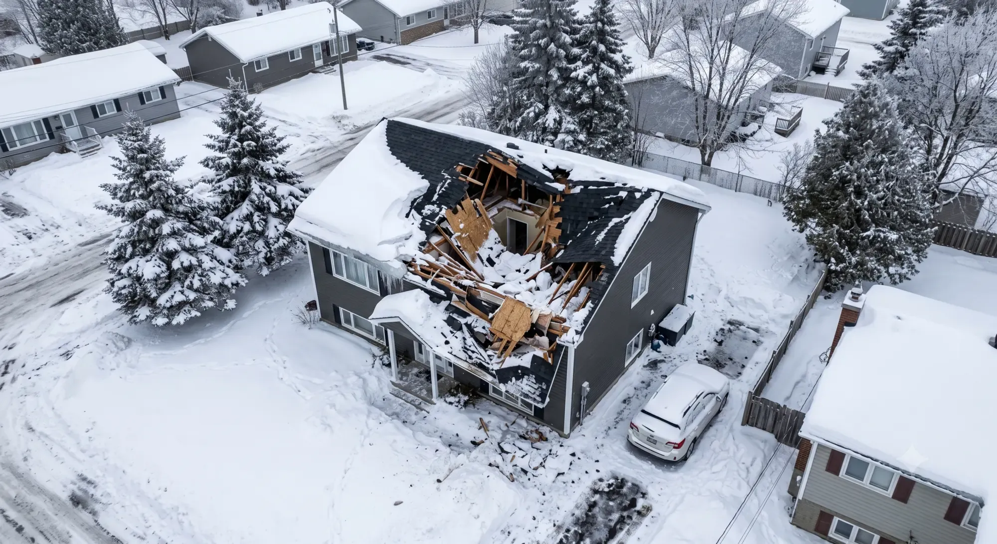 An aerial view of a home with a section of roof collapsed under heavy snow, its framing exposed above the surrounding snow-covered rooftops.