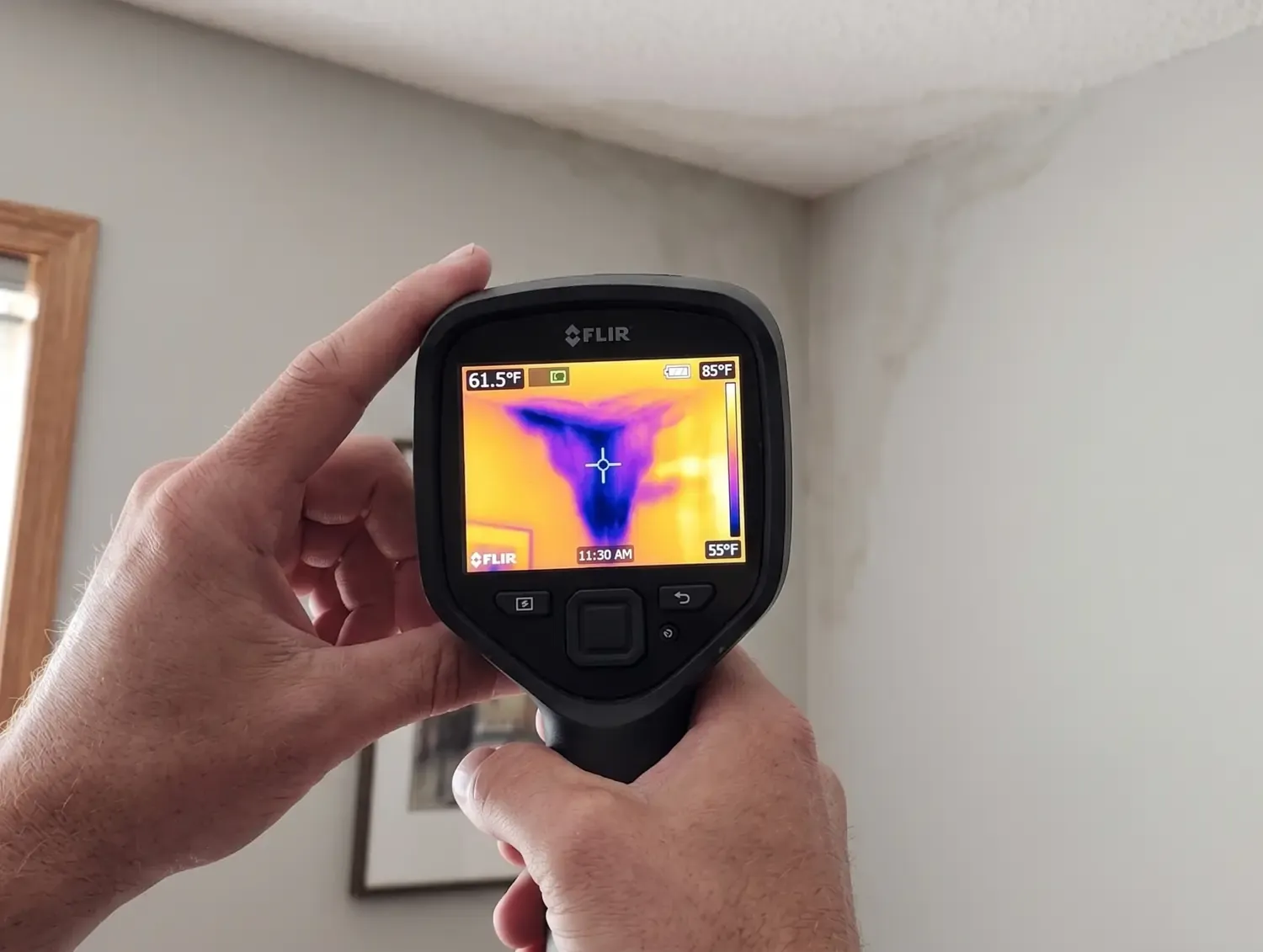A handheld thermal camera in use, its screen showing a moisture pattern on the wall it is aimed at.