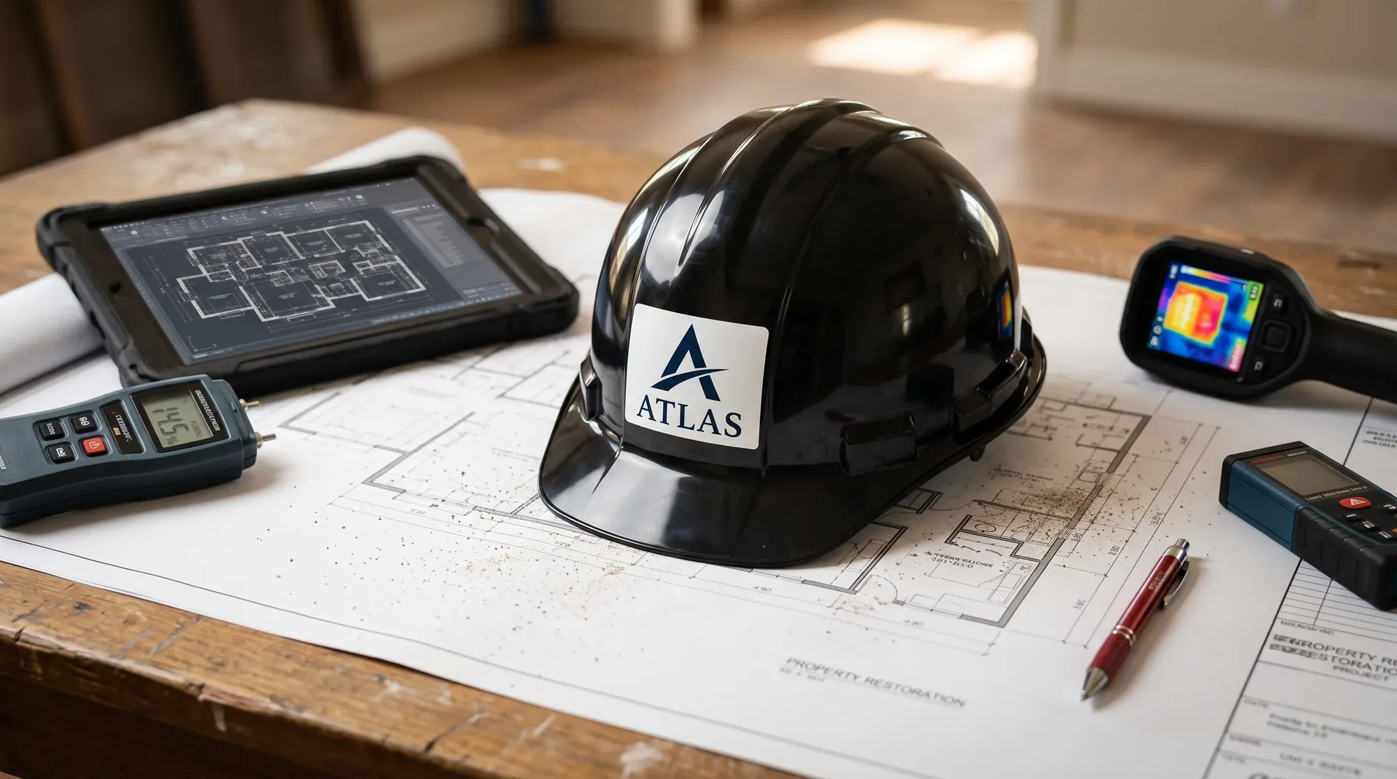 An Atlas-branded hard hat with a tablet, moisture meter, thermal camera, and laser measure arranged on a set of building floor plans.