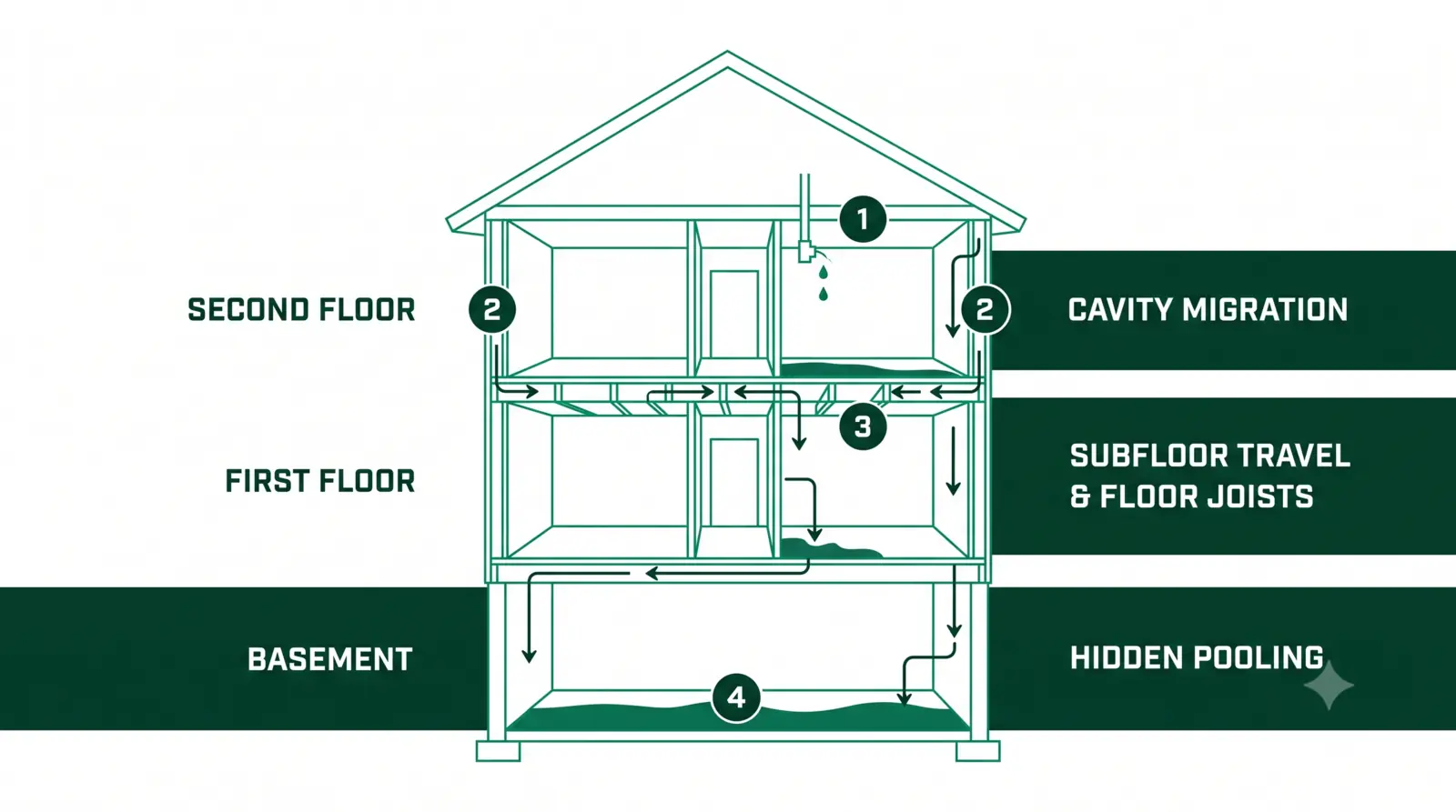 A cutaway diagram tracing a water release on an upper floor down through wall cavities and the subfloor to hidden pooling below.
