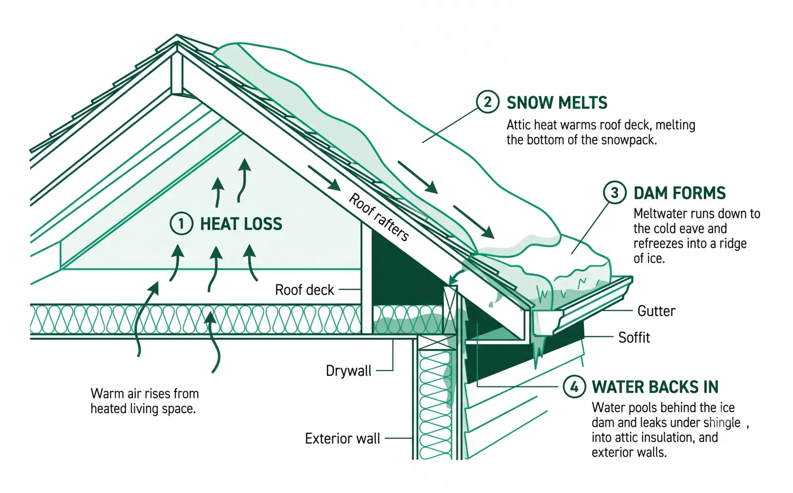 A cutaway diagram of an ice dam forming at a roof eave as attic heat melts snow that refreezes and backs water up under the shingles.