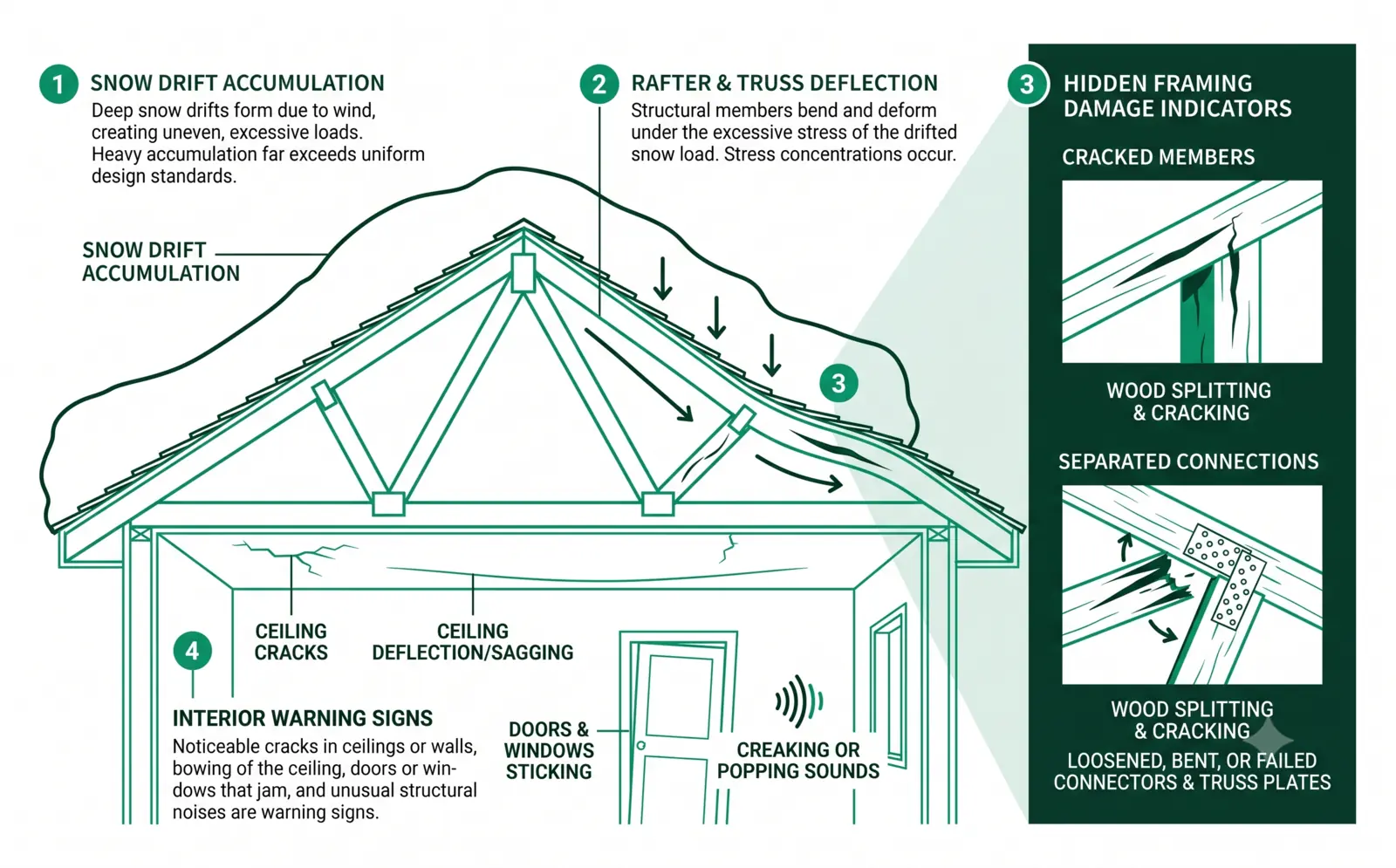 A diagram of drifted snow overloading a roof, deflecting the framing, and the hidden framing damage and interior warning signs that follow.
