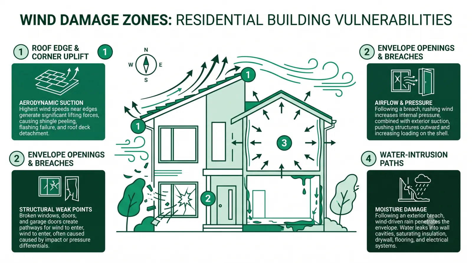 A diagram of a house marking the areas most vulnerable to wind — roof edges, openings, and the water-intrusion paths a breach opens.