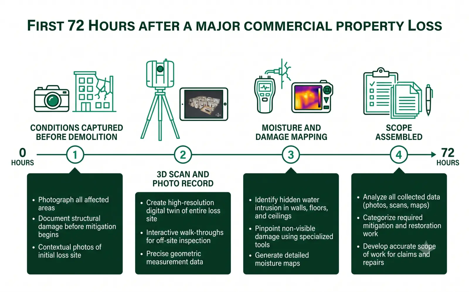 A timeline of the first 72 hours after a major commercial loss: conditions captured before demolition, a 3D scan and photo record, moisture and damage mapping, and scope assembled.
