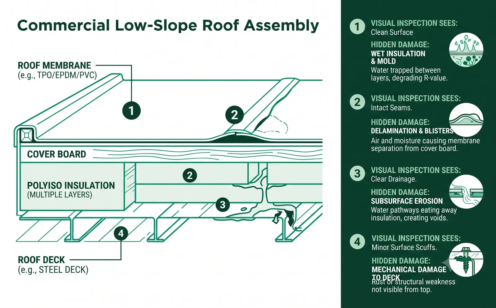 A cross-section of a commercial low-slope roof showing what a surface inspection sees versus the damage hidden in the layers below.