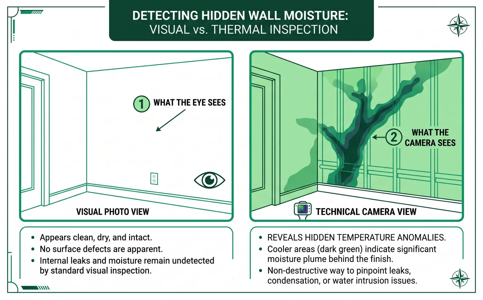 A side-by-side comparison of a wall in normal light versus thermal imaging, where the thermal view reveals hidden moisture behind the finish.